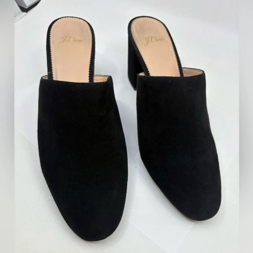 J.‎ Crew Mules Black Suede Leather Slide Block Heels Size 10.5 3” heels